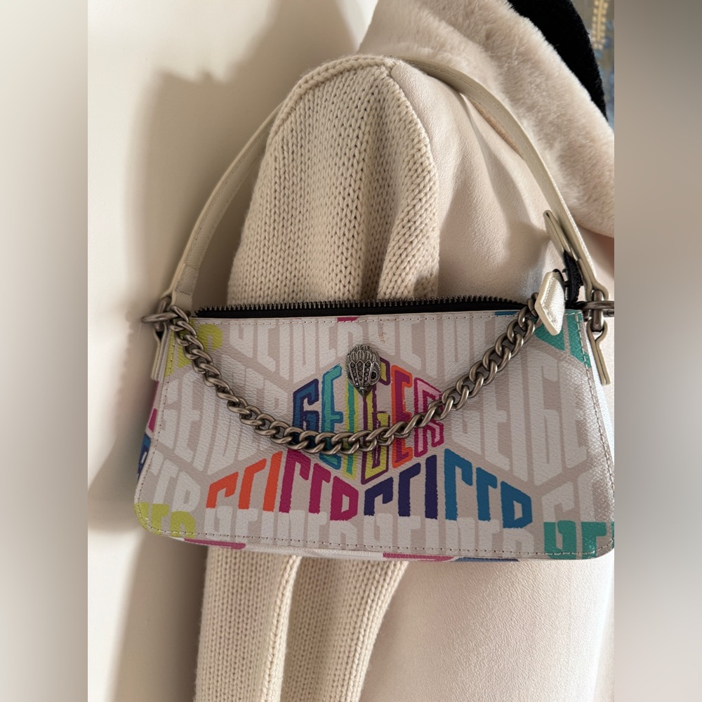 Kurt Geiger London Mini Shoulder Bag White Graffiti Rainbow Logo Chain Strap